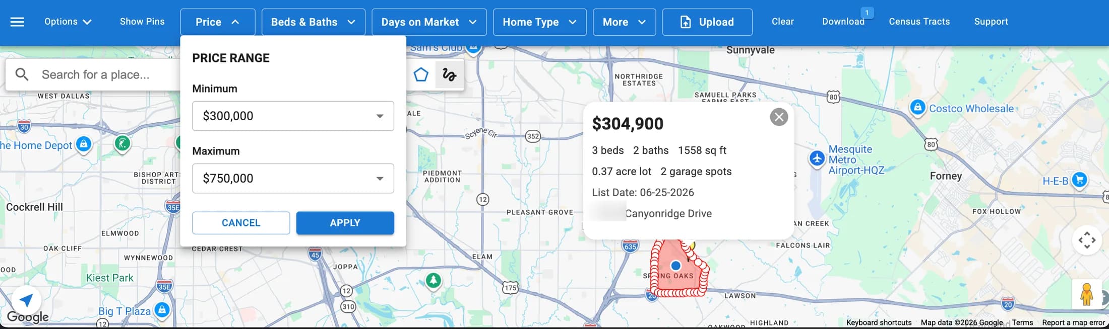 Filtered listing map with a drawn area, price range, selected property with street number obscured, and Download control.